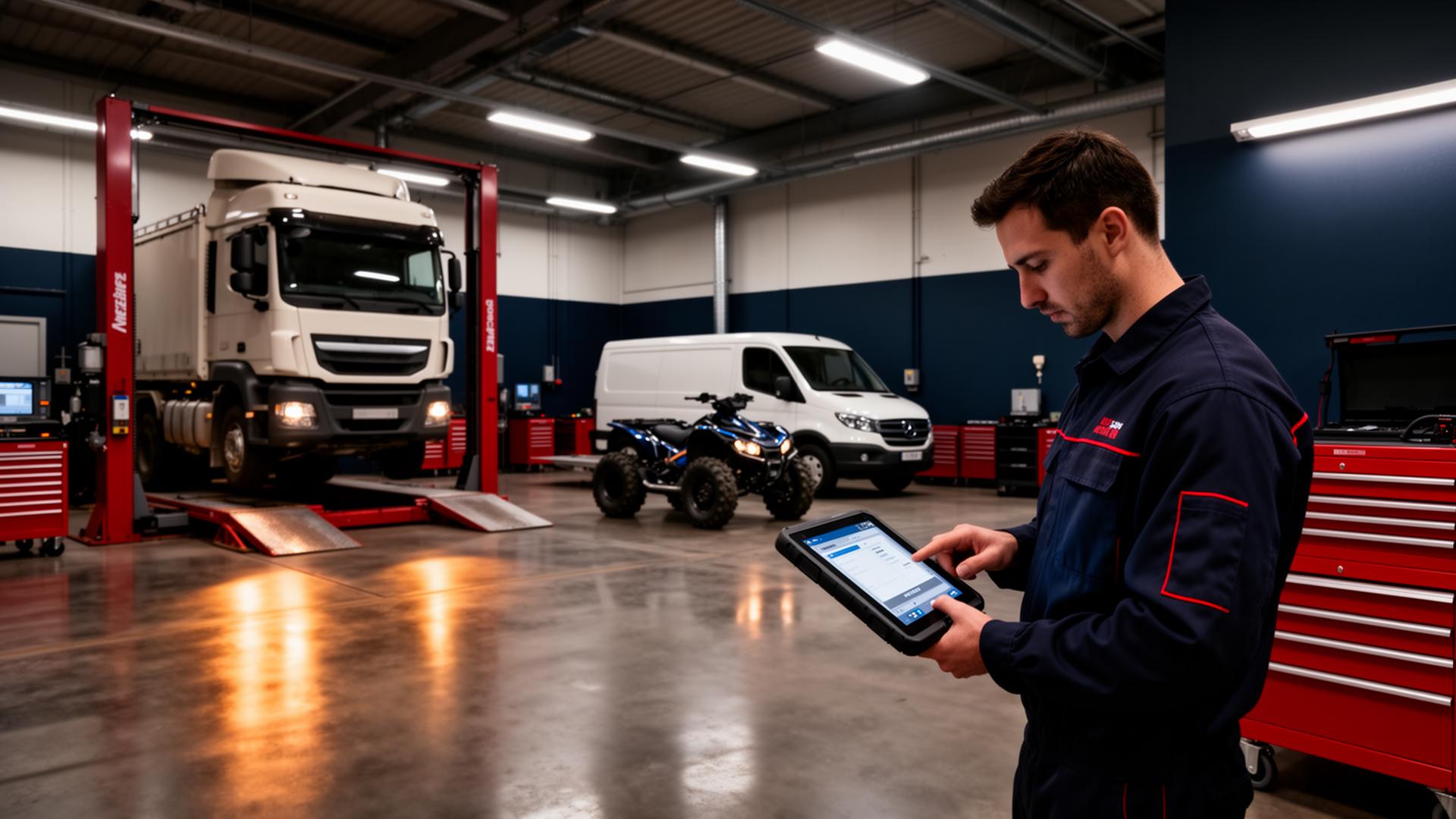 Speedrent Werkstatthalle mit LKW, Transporter und Quad